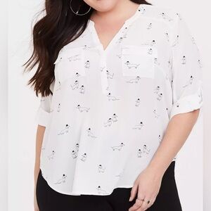 Torrid Harper 3/4 Sleeve Pullover Blouse White Black Daschund Print Size 1X New